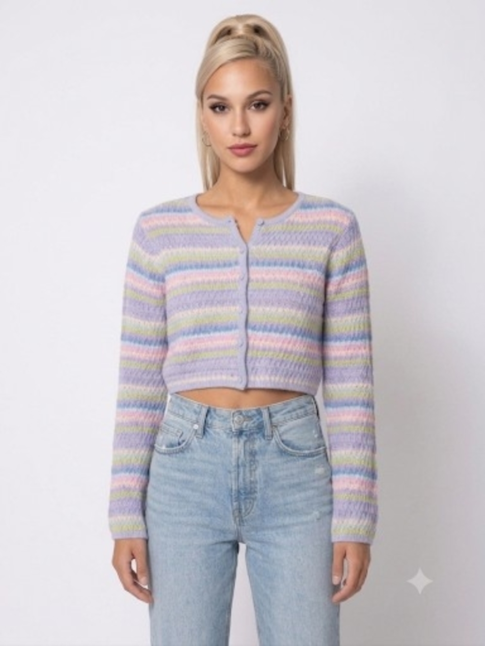 Le Lis Pastel Striped Cropped Knit Cardigan Sweater